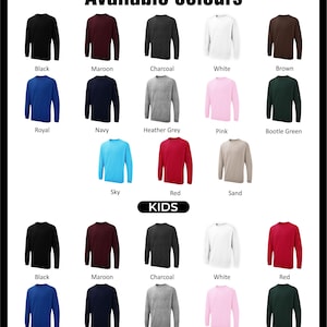 May include: A display of crew neck sweatshirts in various colors, including black, maroon, charcoal, white, and red. The image also shows sweatshirts in royal blue, navy, heather grey, pink, and bootle green. The word "KIDS" is displayed in a black rectangle.