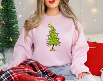 Whimsical Christmas Tree Sweatshirt, Trendy Tree Jumper, Cute Holiday Lights Sweaters, Retro Xmas Tree Sweater Gift, Cute Holiday Lights Top