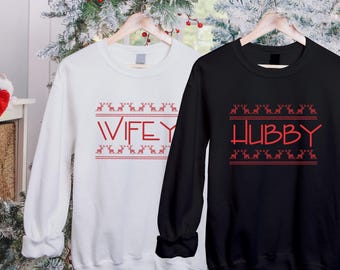 Sweat Couple de Noël femme mari, pull de Noël pour couple assorti, haut de vacances drôle pour elle et lui, pull de Noël moche pour couple festif