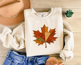 Retro Patchwork Fall Leaf Sweatshirt, Cozy Pumpkin Jumper, Spooky Season Autumn Sweater, Cute Womens Fall Outfit, Cozy Autumn Gift Sweater