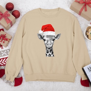Giraffe Christmas With Santa Hat Sweatshirt, Funny Santa Hat Animal Jumper, Cute Holiday Crewneck, Family Matching Xmas Top, Winter Gift Top
