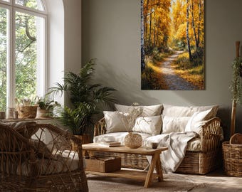 May include: A cozy living room scene featuring a framed landscape painting of a path through a golden autumn forest. The room includes a wicker sofa, armchair, and coffee table, creating a warm and inviting atmosphere. Decorative plants and natural light enhance the space.