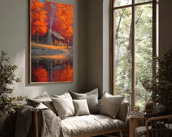 Rustic Autumn Cabin Framed Art Print: Cozy Fall Forest Wall Decor