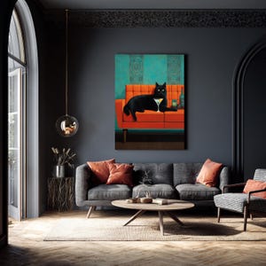 Retro Black Cat Wall Art – Mid-Century Modern Cat on Couch Canvas Print, Whimsical Cocktail Lounge Cat Art, Vintage Style Cat Decor