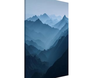 Misty Mountain Canvas Wall Art – Blue & Grey Landscape Print | Calming Mountain Cabin Wall Decor
