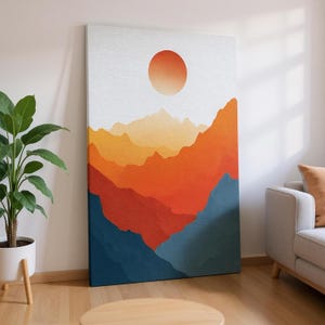 Minimalist Mountain Sunset Canvas Wall Art | Sunset Canvas in Warm Earth Tones | Modern Mountain Art Print for Living Room or Office Décor