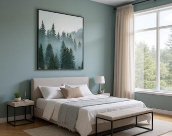 Misty Pine Forest Canvas Print – Forest Wall Art, Mountain Art, Woodland Nature Print, Pine Tree Decor for Bedroom or Living Room