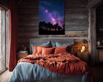 Starry Forest Silhouette Metal Print – Celestial Night Sky Wall Art, Milky Way Astronomy Decor, Modern Galaxy Landscape