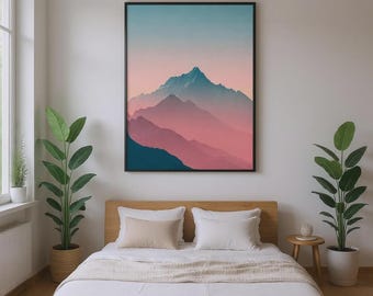 Pastel Mountain Canvas Art | Pink Blue Boho Wall Decor