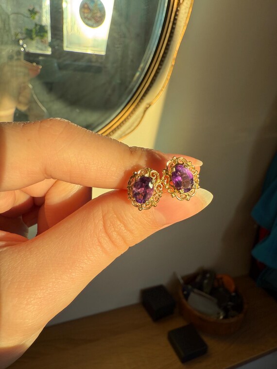 9ct Solid Yellow Gold Amethyst Stud Earrings - image 2