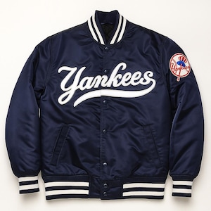 New York Yankees Satin Bomber Jacket – Vintage MLB Varsity Streetwear – Authentic Yankees Fan Gear – Retro Navy Blue Satin Jacket