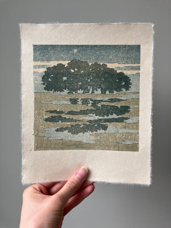 Marsh Landscape – Original Color Woodcut Printed with Earth Pigments on Handmade Japanese Paper