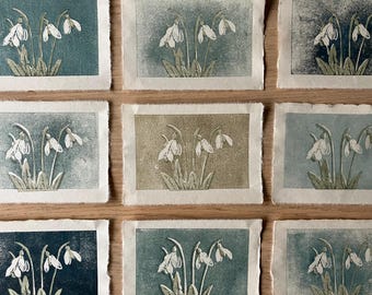 Snowdrops – Original Color Woodcut Printed with Earth Pigments on Handmade Japanese Paper