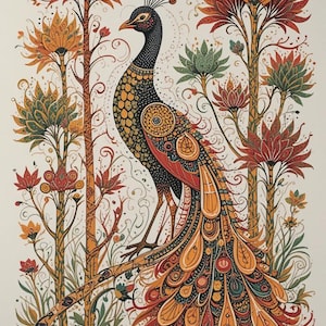 Majestic Peacock in Traditional Gond Art, Vibrant Tribal Painting with Intricate Patterns