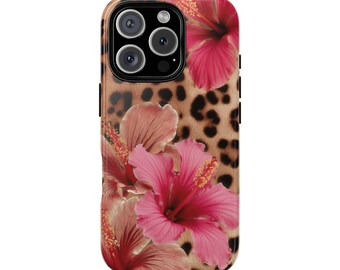 Pink Leopard Print Flower Phone Case Watercolor Aesthetic Cover, Summer Case iPhone 16 15 14 Pro Max Plus Samsung Galaxy S25 S24 S23 S22 S21