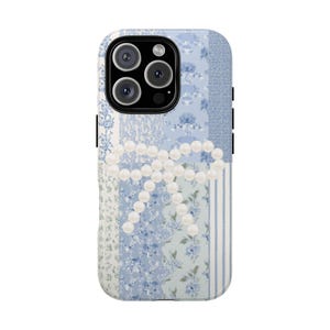 Blue Lace Quilt Phone Case Bow Aesthetic Cover Shabby Chic Case iPhone 16 15 14 Pro Max Plus Samsung Galaxy S25 S24 S23 S22 S21, Gift Teen