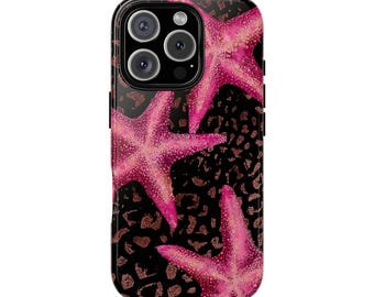 Leopard And Pink Star Phone Case, Tropical Floral, Animal Print Cover, iPhone 16 15 14 13 12 Pro Max Plus Samsung Galaxy S24 S23 S22 S21