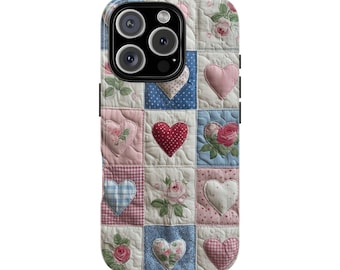 Heart Patchwork Quilt Phone Case, Sewing Gift Quilting design iPhone 16 15 14, Samsung S25 S24 S23 S22 Ultra, Shabby Chic Trendy Gift Teen
