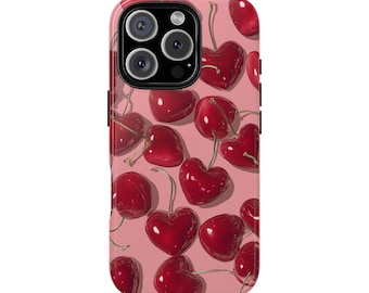 Cherry Heart Phone Case Red and Pink Aesthetic, iPhone 15/14/13/12/11 Pro Max, Samsung S24 S23 S22 S21 Ultra, Pixel 6/7/8 Pro, Cool Girl