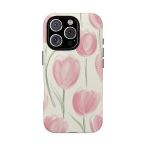 TULIP GARDEN Pink Watercolor Flower Phone Case, Tulips Soft Girl Aesthetic Cover, iPhone 16 15 14 13 Pro Max Plus Samsung S24 S23 S22 S21