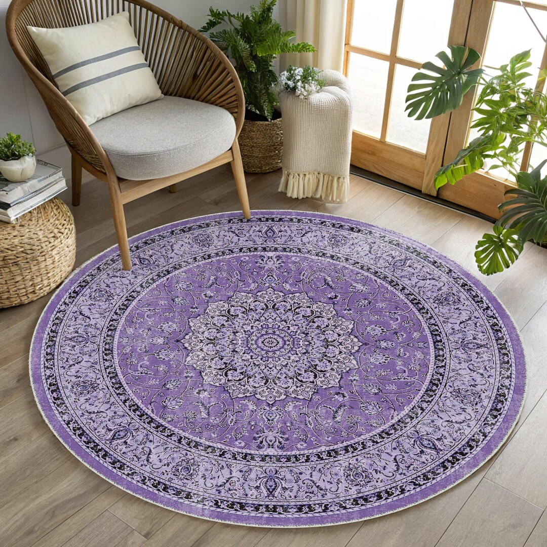 Round Purple Turkish Rug, Antique Oriental Rug, Traditional Rustic ...