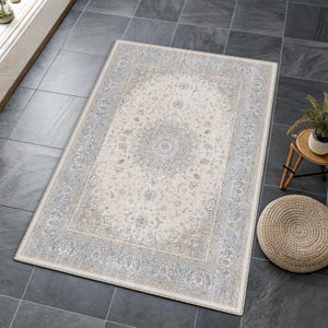 Traditional Pastel Blue Medallion Rug, Distressed Cream Oriental Area Rug, Classic Floral, Soft Tone image 5