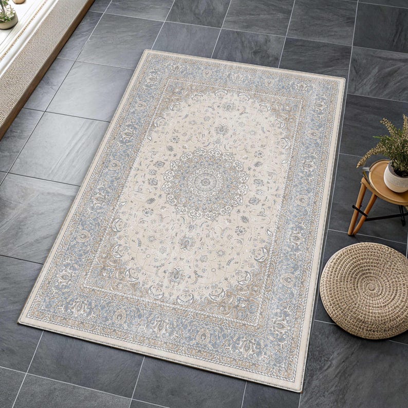 Traditional Pastel Blue Medallion Rug, Distressed Cream Oriental Area Rug, Classic Floral, Soft Tone image 5