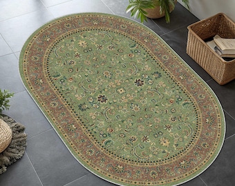 Tapete oval moderno, verde-oliva com estampa floral em terracota, estilo Oushak em tons suaves, clássico oriental.