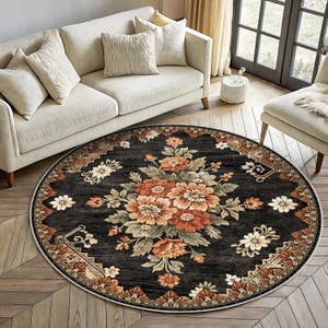 Alfombra Karabagh redonda con diseño floral: flores de colores cálidos y fondo negro, medallón besarabio, círculo caucásico, bohemio colorido, antideslizante.