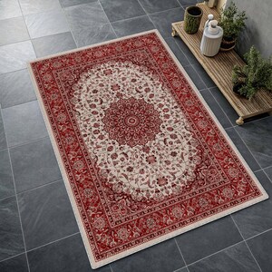 Traditional Pastel Blue Medallion Rug, Distressed Cream Oriental Area Rug, Classic Floral, Soft Tone Red