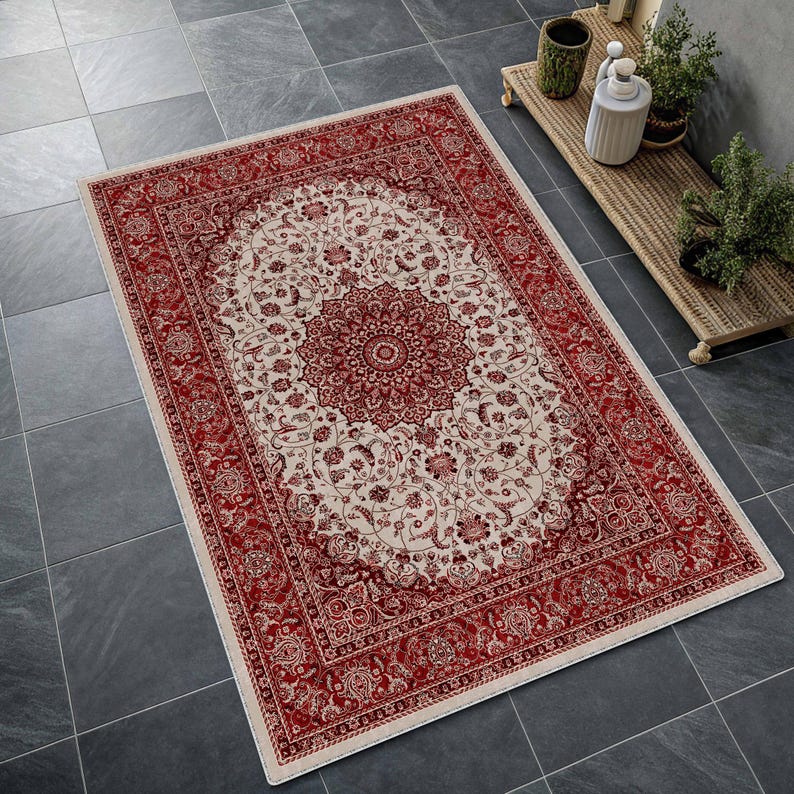 Traditional Pastel Blue Medallion Rug, Distressed Cream Oriental Area Rug, Classic Floral, Soft Tone Red