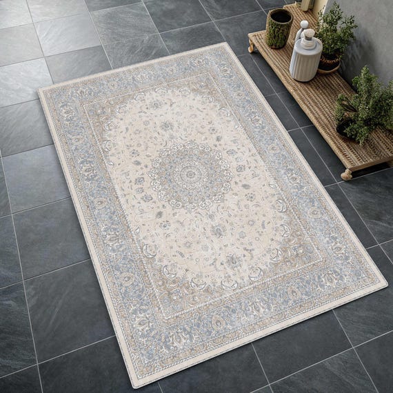 Traditional Pastel Blue Medallion Rug, Distressed Cream Oriental Area Rug, Classic Floral, Soft Tone