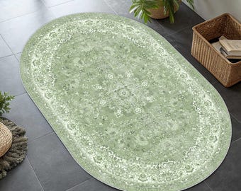 Tapete turco oval verde sálvia, estilo boho chic com estampa floral, tons orientais suaves, decoração tradicional, lavável.