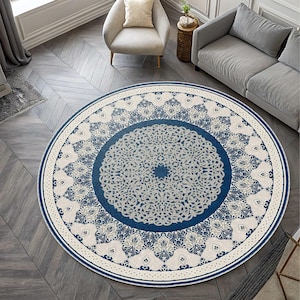 Rund turkisk matta, kunglig blå, off-white, traditionell boho, arabeskt mönster, konstnärlig design