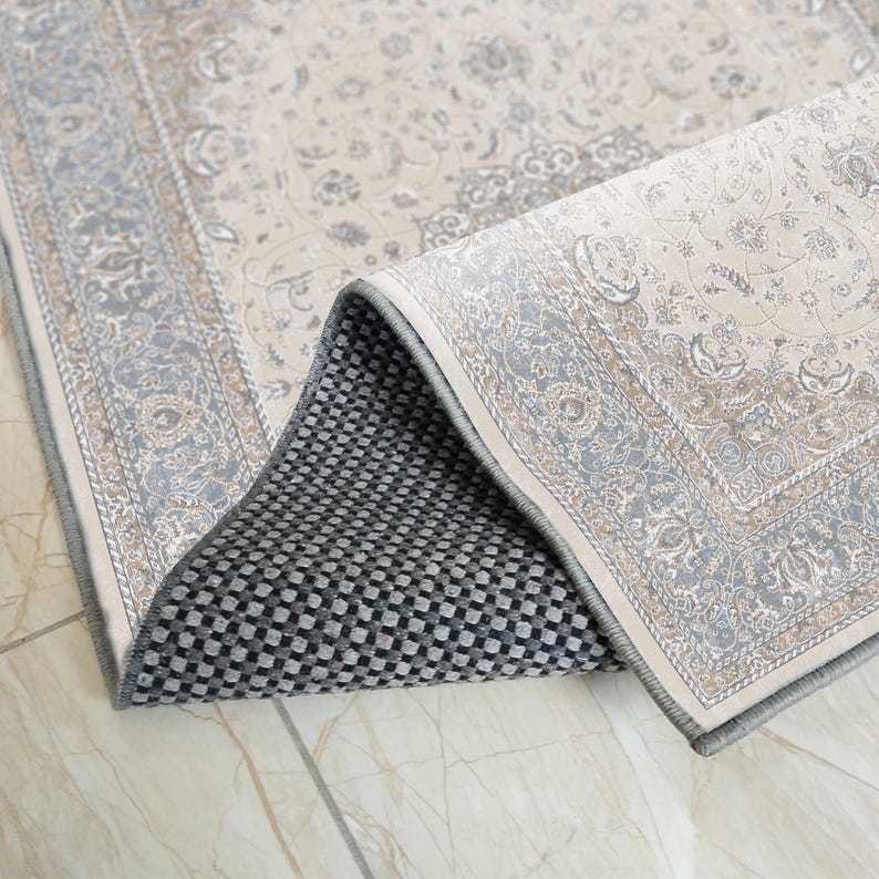 Traditional Pastel Blue Medallion Rug, Distressed Cream Oriental Area Rug, Classic Floral, Soft Tone image 4