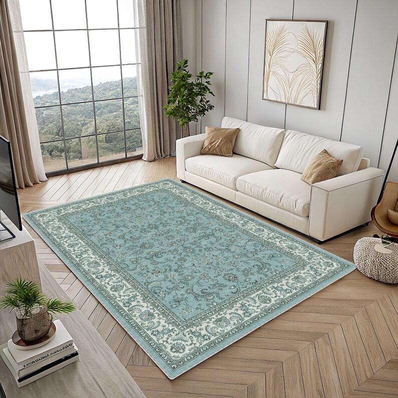 Complexe Rug Carpette à fleurs bleues, oriental tamisé, traditionnel antique ...