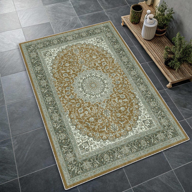 Traditional Pastel Blue Medallion Rug, Distressed Cream Oriental Area Rug, Classic Floral, Soft Tone Fall