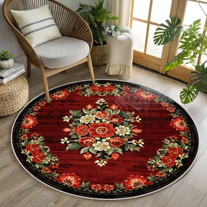 Red Round Floral Rug: Circle Karabagh Style Rug, Traditional Roses, Non-Slip Cotton Base, Washable