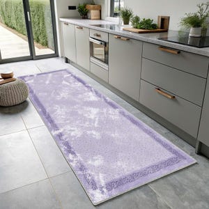 Lilac Distressed Turkish Runner Rug, Lavender Floral, Pastel Violet, Long Minimalist, Boho Shabby Chic, Modern Authentic, Non-slip Washable