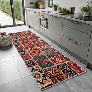 Tapis de course turc en patchwork : style oushak rustique, bohème bleu marine rouge, tribal nomade, lavable antidérapant