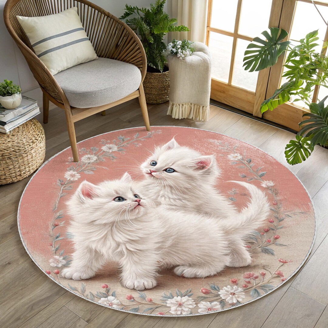 Pink Pet Rug Coral Pink Kitten Floral Round Rug, Machine Washable Nursery Carpet ...