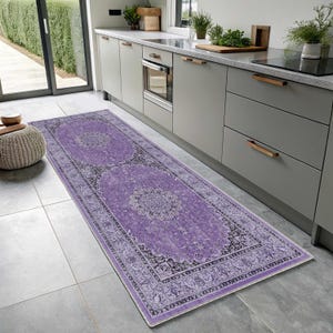 Tapete oriental roxo, tapete turco Oushak, decoração de cozinha boho, vintage moderno, rústico autêntico