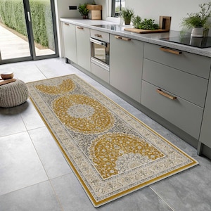 Runner Rug For Hallway, Authentic Dark Mustard Yellow, Non-Slip Kitchen Rug, Rustic Oriental