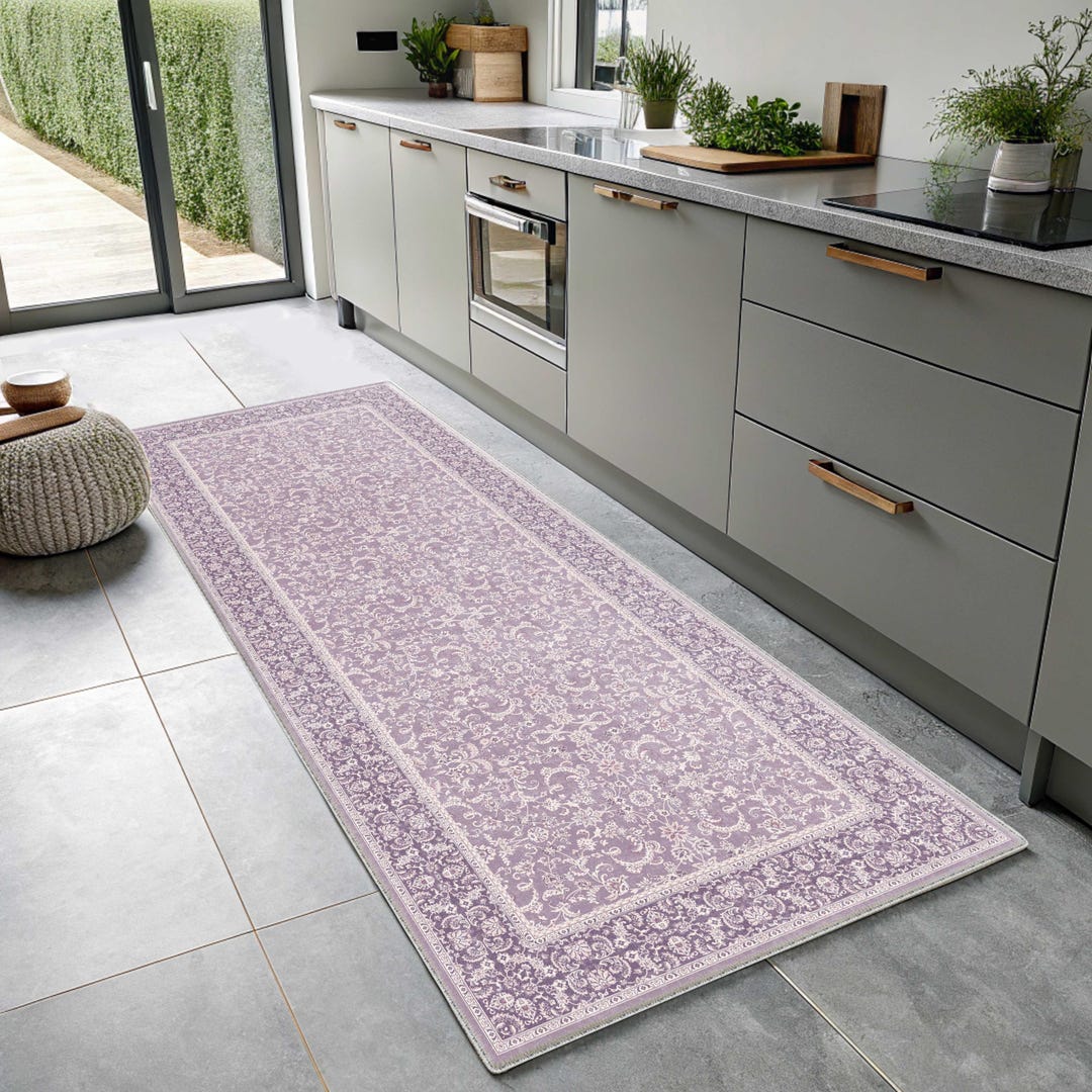 Lilac Rugs Pattern Floral Lilac Runner Rug, Long Turkish Rug for Kitchen, Boho Chic ...