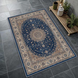 Traditional Pastel Blue Medallion Rug, Distressed Cream Oriental Area Rug, Classic Floral, Soft Tone Navy Blue