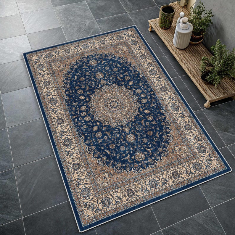 Traditional Pastel Blue Medallion Rug, Distressed Cream Oriental Area Rug, Classic Floral, Soft Tone Navy Blue