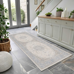 Traditional Pastel Blue Medallion Rug, Distressed Cream Oriental Area Rug, Classic Floral, Soft Tone image 6