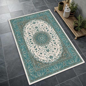 Traditional Pastel Blue Medallion Rug, Distressed Cream Oriental Area Rug, Classic Floral, Soft Tone Teal