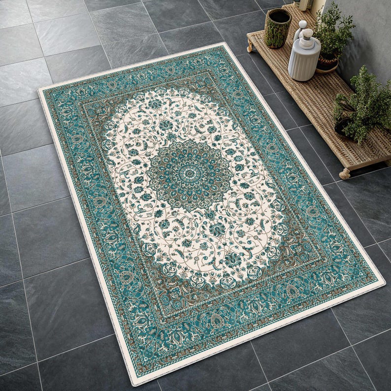 Traditional Pastel Blue Medallion Rug, Distressed Cream Oriental Area Rug, Classic Floral, Soft Tone Teal