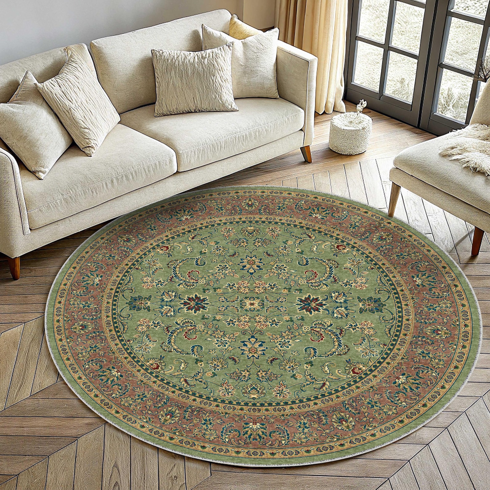 Olive Green Rugs Pattern Olive Green Vintage Rug, Round Minimalist Area, Rustic Authentic ...